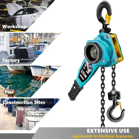 Manual Lever Chain Hoist 3/4 Ton Capacity, 5 Ft Ratchet Chain Puller with industrial use examples, blue finish