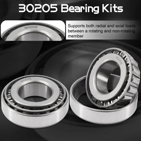 Close-up of Trailer Bearing Kit 30205 with TC Seal 30x52x10mm and 52mm Dust Cover for 25mm Axles, chrome steel bearings