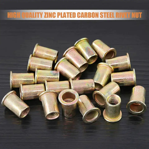 100Pcs M8 Rivet Nuts Kit Zinc Plated Carbon Steel Flat Head Threaded Inserts For Furniture And Dyi Projects Easy Install Heavy Duty Nutserts Rivnuts For Metal And Wood Repair displayed on table.