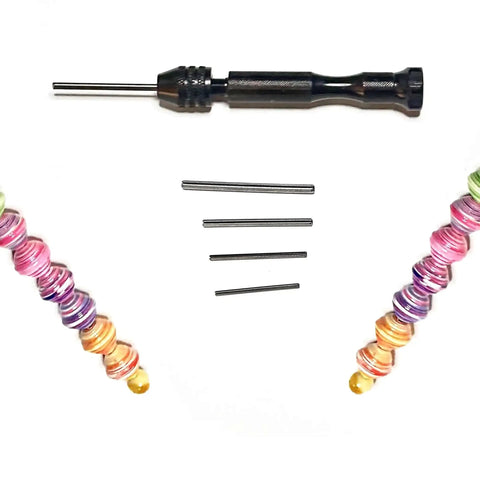 Black Paper Bead Roller With Four Interchangeable Stainless Slotted Tips for Tiny Bead Holes, shown with colorful paper beads.