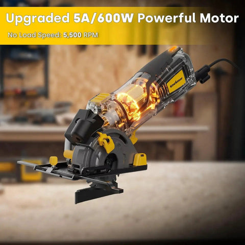 Powerful Mini Circular Saw With Laser Guide, 600W Corded, 5,500 RPM, Three And A Half Inch Blade Set on workbench.