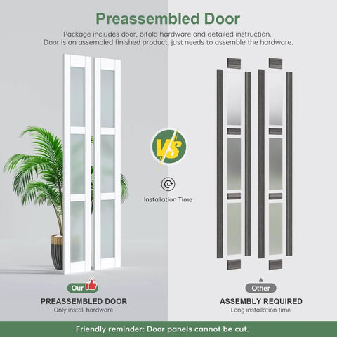 Comparison of preassembled and unassembled Space Saving Bifold Door For 30 By 80 Opening Preassembled White Frosted Glass Folding Barn Door With Concealed Hardware Kit Two Panel Wood Interior Sliding Closet Bifold Door Easy Assembly.