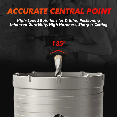 Close-up of Heavy Duty Tungsten Carbide Core Drill Bit Set With SDS Adapter and Concrete Hole Saw Kit showing central point