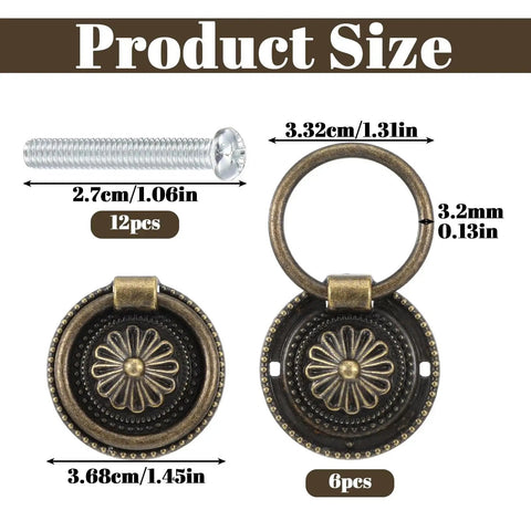 Size details of Antique Brass Dresser Knobs And Cabinet Pulls Set Of 6 with screws, showcasing ring and back diameters.
