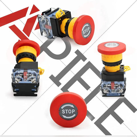 22mm Red Emergency Stop Push Button Switch With Mushroom Head Stop Signal 1NO1NC 600V 10A Type B Latching Push Lock Turn To Release Heavy Duty Electric Control Button