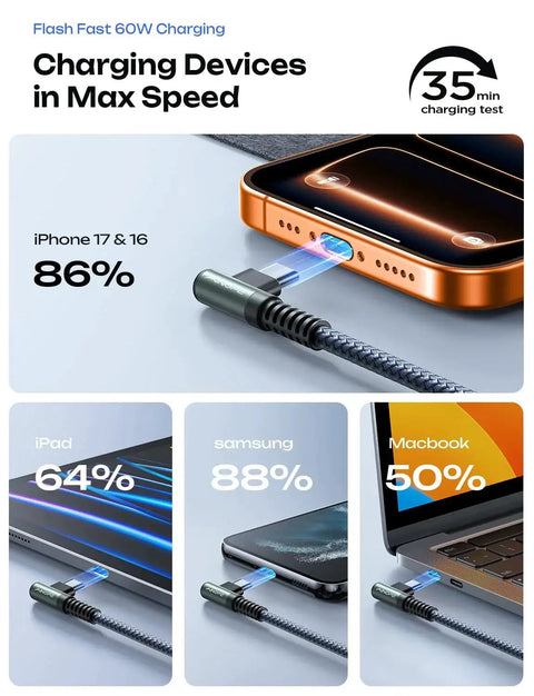 Right Angle USB C to USB C Cable 60W 6.6ft Fast Charging 2 Pack used with smartphone, tablet, and laptop