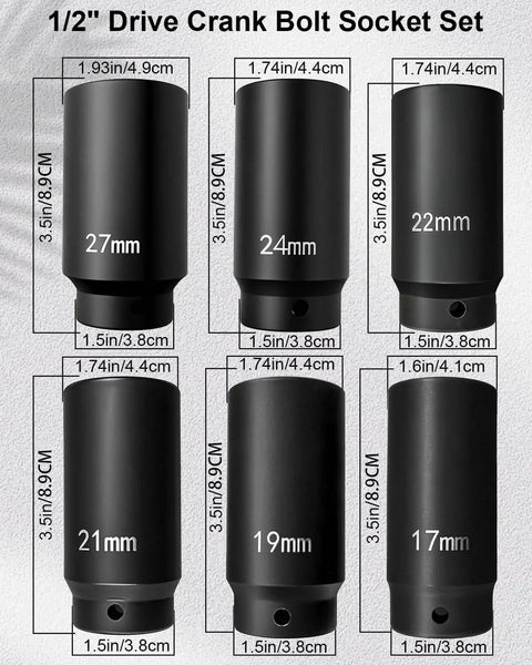 Half Inch Drive Harmonic Balancer Socket Set, 6 Piece Includes 17Mm 19Mm 21Mm 22Mm 24Mm 27Mm, displayed with size measurements