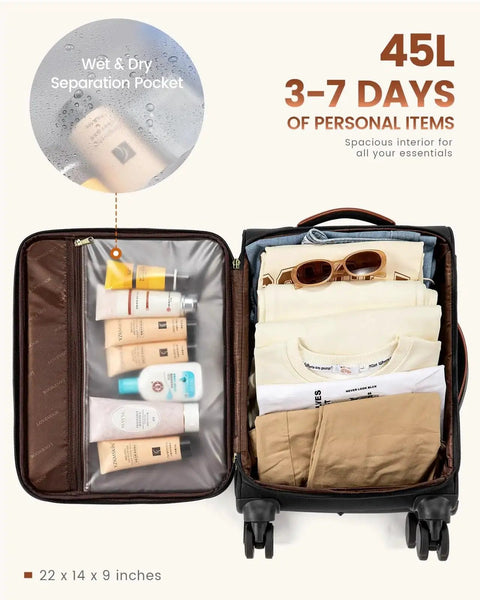 Airline Ready Luggage Set with open 22x14x9 carry-on showing organized clothes and toiletries in wet & dry pocket.