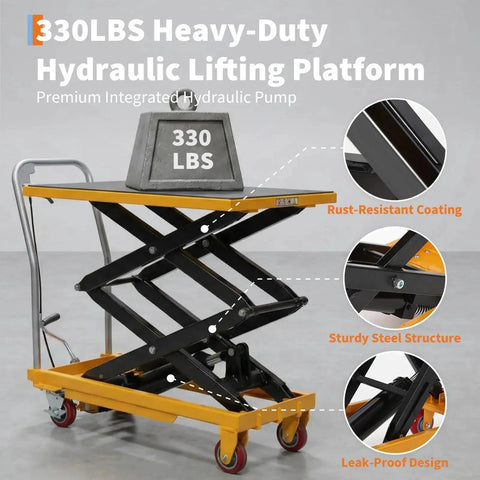 Durable Hydraulic Lift Table Cart 770 Lb Capacity 50.7 Inch Lift With Wheels, sturdy platform, steel structure, rust-resistant coating
