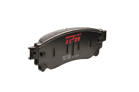 TRW disc brake pad, side view; black backing plate with red TRW logo