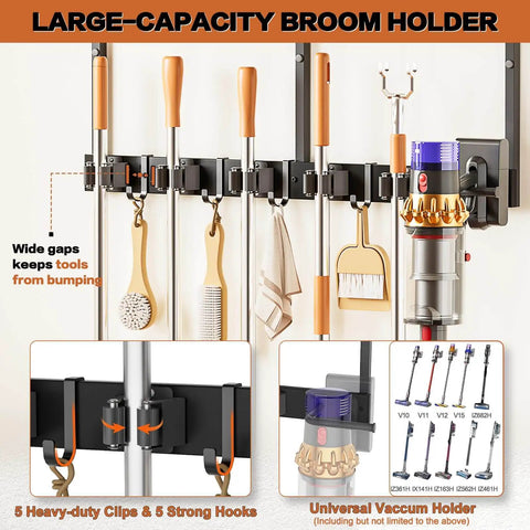 All In One Broom Holder Wall Mount With Cleaning Supplies Organizer featuring 5 clips, 5 hooks, and vacuum holder for storage.