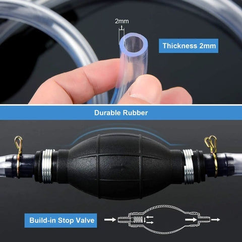 Close-up of 2mm thick durable rubber hose and built-in stop valve for Fast Start Siphon Pump For Gasoline Diesel Transfer.
