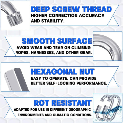 Infographic highlighting features of 30 Pack M10 Quick Links And Three Eighths Inch Heavy Duty Locking Carabiners Set.