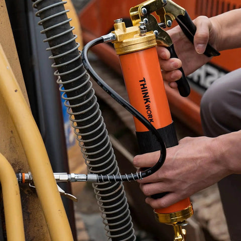 Heavy Duty 8000 PSI Grease Gun Kit With Pistol Grip For 14 Oz Tubes 0.53 Inch Coupler And 18 Inch Flex Hose 90 Degree Adapter For Tight Spaces