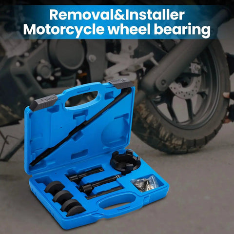 Open blue case of Wheel Bearing Removal And Installation Tool Kit VT102 For Harley Davidson 2000 And Up Motorcycles with tools displayed.