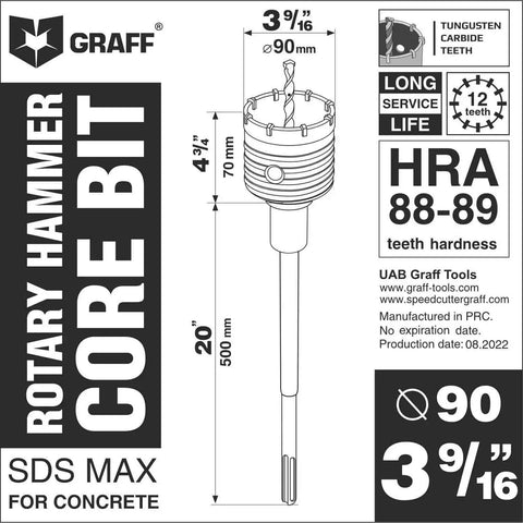 Beefy 90mm SDS Max Core Drill Bit For Concrete And Masonry, 20 Inch Length With Center Drill, Ideal For Silicate Brick And Electrical Outlet Installations, SDS Max Shank, Graff label showing dimensions and specs