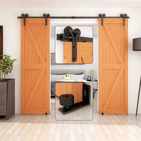 12ft Sliding Barn Door Hardware Kit With Floor Guide And Premium Nylon Roller Wheels For Double Wooden Doors Up To 36 Inch Wide Frosted Black Finish installed view