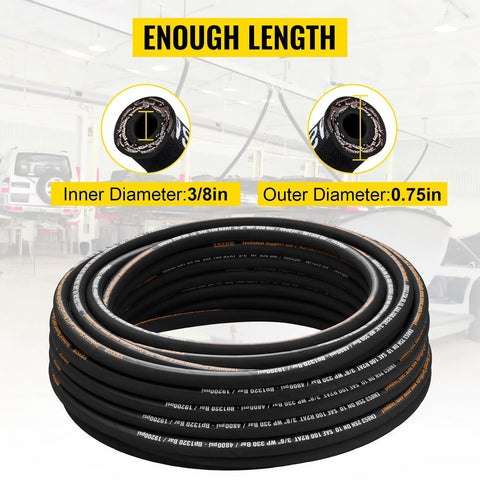 Hydraulic hose, 3/8 in ID x 100 ft, 2-braid steel wire, black rubber coil for high-pressure use.