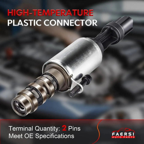Close-up of high-temperature plastic connector VCT solenoid; fits Ford, Mercury, Lincoln 4.6L/5.4L V8 models, meets OE specifications