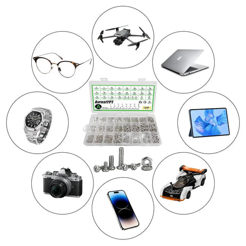 Stainless Steel Micro Screws And Nuts Kit 1240Pcs Metric M1 To M3 Assortment with Phillips Pan Head for electronics repairs, shown with various devices.