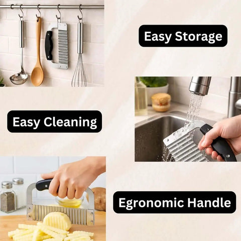Collage of crinkle cutter and waffle fry cutter set with peeler for potatoes and vegetables in use and hanging in kitchen