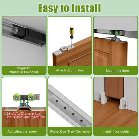 Pocket Door Track Kit With Soft Close And Soft Open For 5 Ft, 5.3 Ft And 8 Ft Doors, installation process steps shown