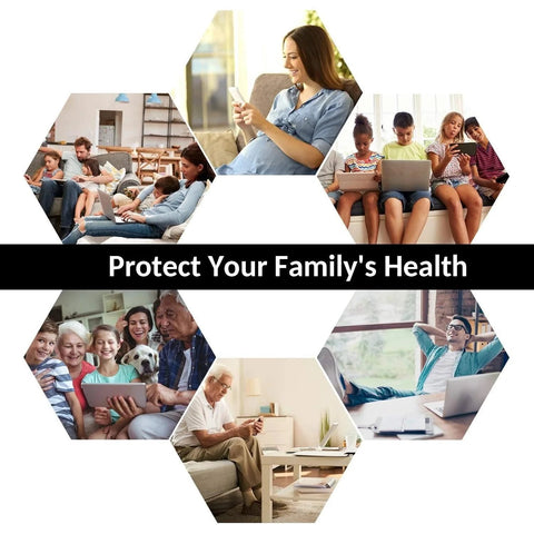 Amradield WiFi router cover EMF shielding collage shows people using laptops and tablets; banner reads Protect Your Family's Health