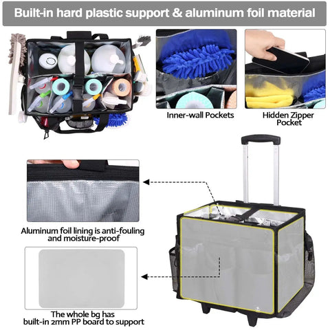 Extra Large Rolling Cleaning Caddy With Built In Hard Support Board And Detachable Trolley, showcasing inner-wall pockets and aluminum foil material.