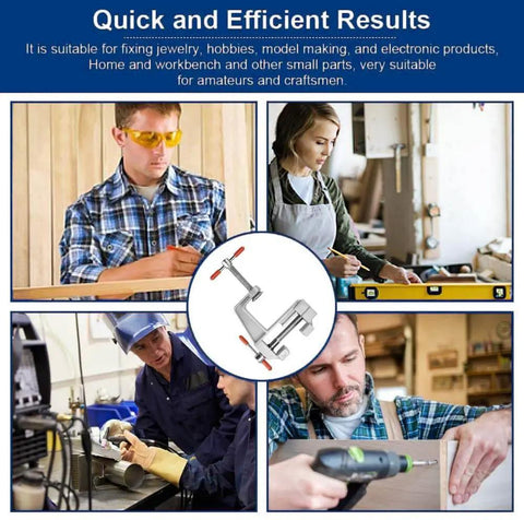 Collage of people using tools with center image of Compact Jeweler Table Clamp Vise For Hobbyists And Woodworking, Mini Bench Vise With 360 Degree Rotation, Heavy Duty Metal Work Clamp For Crafts And Metalworking Projects