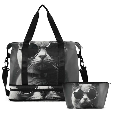 Waterproof Sports Gym Bag With Dry Wet Compartment And Shoe Storage, Large Capacity Duffel in Gray Cat With Sunglasses Design