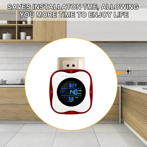 Four In One Plug In Carbon Monoxide And Gas Leak Detector with Real Time Display in modern kitchen setting.