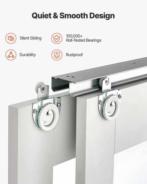 Space Saving Sliding Closet Doors Kit For 60 Inch Opening, 31 Inch Panels, 80 Inch High Frosted Glass 5 Lite Double Doors With Hardware Kit And Floor Guide, Easy Assembly No Swing Space Needed showing close-up of sliding mechanism with rollers.