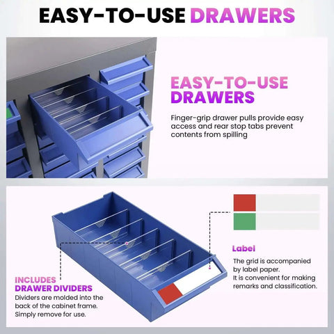 Easy-to-use drawers with dividers from 40 Drawer Parts Cabinet With ABS Drawers And Dividers, Pro Grade Heavy Duty Steel Bolt Organizer.