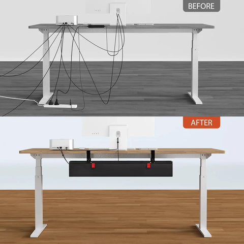 Before and after using 36 Inch Under Desk Cable Management Tray With Clamp And Screws, Large Fabric Cord Organizer, hides cables