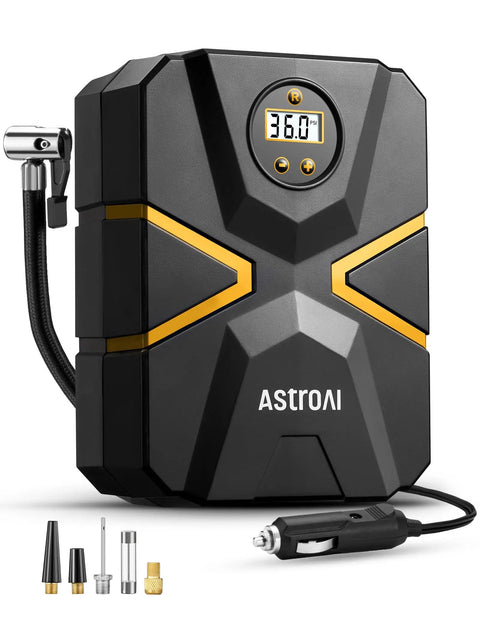 Portable 12V Tire Inflator With Digital Gauge And Auto Shutoff Preset To 150 PSI For Cars Motorcycles Bicycles And Inflatables On The Go Built In Quick Connect Nozzle AstroAI positioned with digital display and accessories.