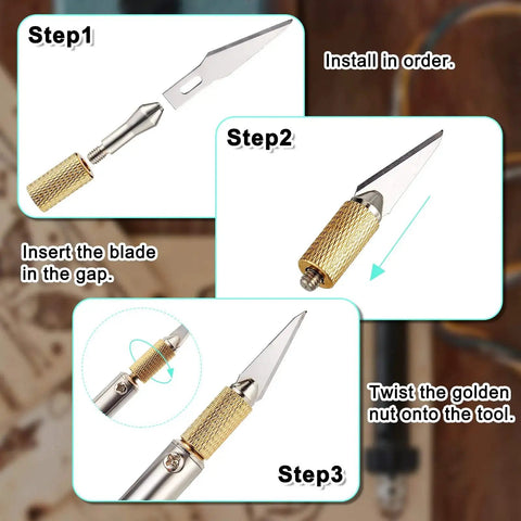 Assembly steps for All In One Electric Hot Knife Cutter Kit For Carving And Stenciling, showing blade installation process.