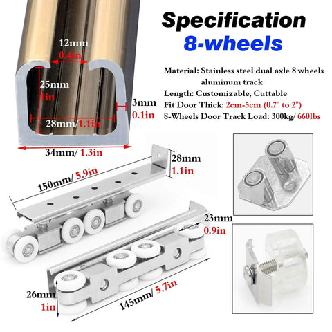 Beefy Aluminum Sliding Door Track Kit For Closet And Gate Doors, Multiple Lengths From 2 Ft To 30 Ft, Includes Rollers And Replacement Hardware, Brown Finish