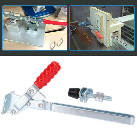 Vertical Toggle Clamp With Quick Release For Woodworking Jigs And Fixtures Beefy Rock Solid Hold Down Tool 180 Kg Clamping Force Durable Galvanized Iron Construction For Accurate Workholding And Fixture Fastening in use and components.