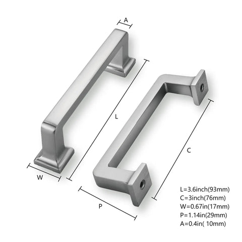 Two brushed nickel cabinet pulls with 3 inch hole centers, straight bar design, satin finish, dimensions labeled, 3.6 inch length.