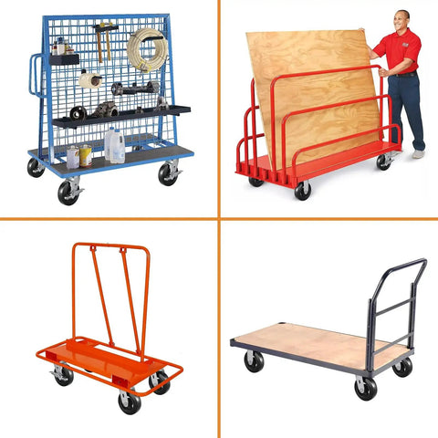 Four different utility carts on heavy duty 6 inch plate caster wheels with rubber on cast iron core, ideal for carts and workbenches.