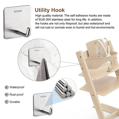 Utility hooks on wall and Tripp Trapp high chair with seat features adjustable swivel caster and safety lock