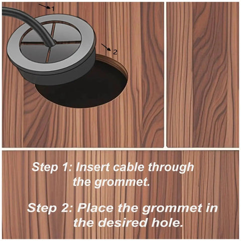 Illustration showing installation steps for 7/8 Inch Cable Grommet Set 9 Pack Flexible Rubber Hole Covers 22mm on a wooden surface.