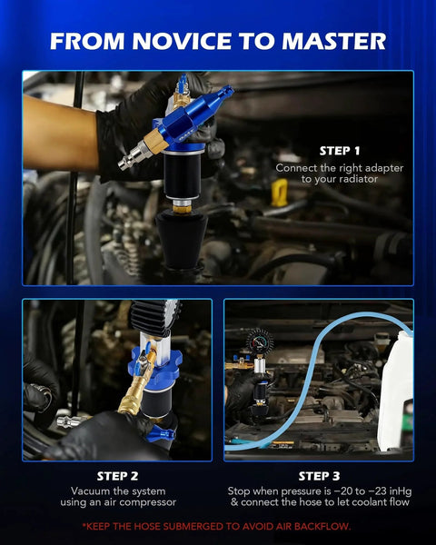 Fast Coolant Vacuum Refill Kit For Cars And Trucks Orion Motor Tech 13 Piece Auto Radiator Tool Set in use on car engine