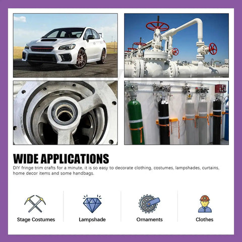 Collage showing a car, industrial valves, a mechanical bearing, and gas cylinders with text about wide applications.
