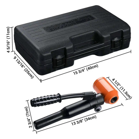 Heavy Duty 8 Ton Hydraulic Knockout Punch Set With Six Die Punches, case and handheld cutter shown with dimensions