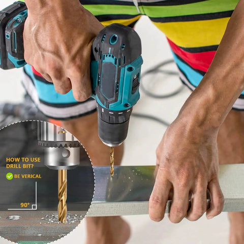 Person using Pro Grade Heavy Duty Cobalt Drill Bit Set With 29 Pieces M35 High Speed Steel Twist Drill Bits on metal.