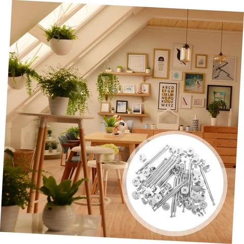 20 Set Cam Fittings Kit For Cabinets With Connectors And Dowels Easy Assembly No Fuss Strong Load Bearing Lightweight And Portable Ideal For Furniture Panels And Office Cabinets shown in a living room setting.