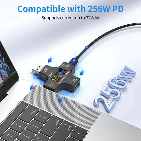 USB C Power Meter And Digital Multimeter All In One Gear, Voltage From 3.6 To 32 Volts And Current From 0 To 8 Amps Tester connected to laptop