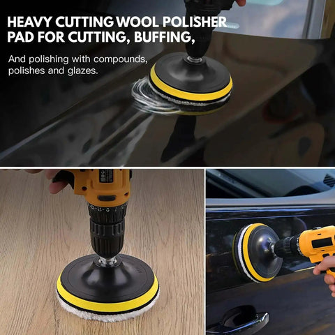 Close-up of 7 Pcs Pro Grade Wool Buffing Pads For Car Polisher, 3 Inch 80 mm with M10 Drill Adapter on car and wood surfaces.