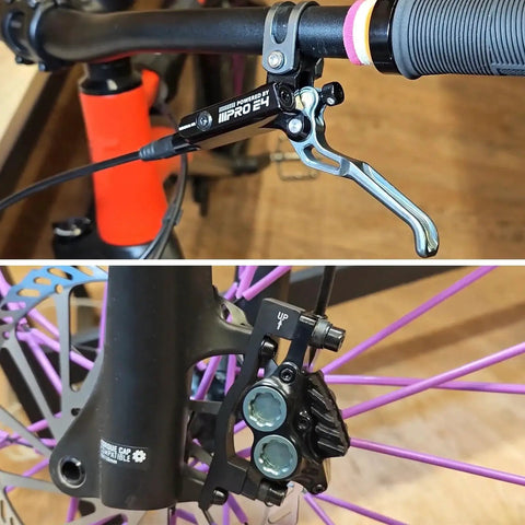 ZTZ IIIPRO E4 MTB hydraulic brake set, 4-piston, black; lever on handlebar and caliper mounted on purple bike